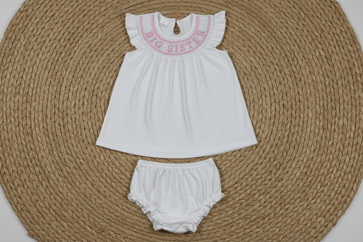 white smock baby sister embroidery bummie set