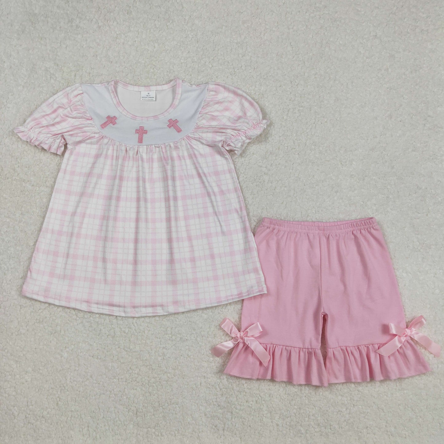 pink plaid easter cross embroidery shorts set