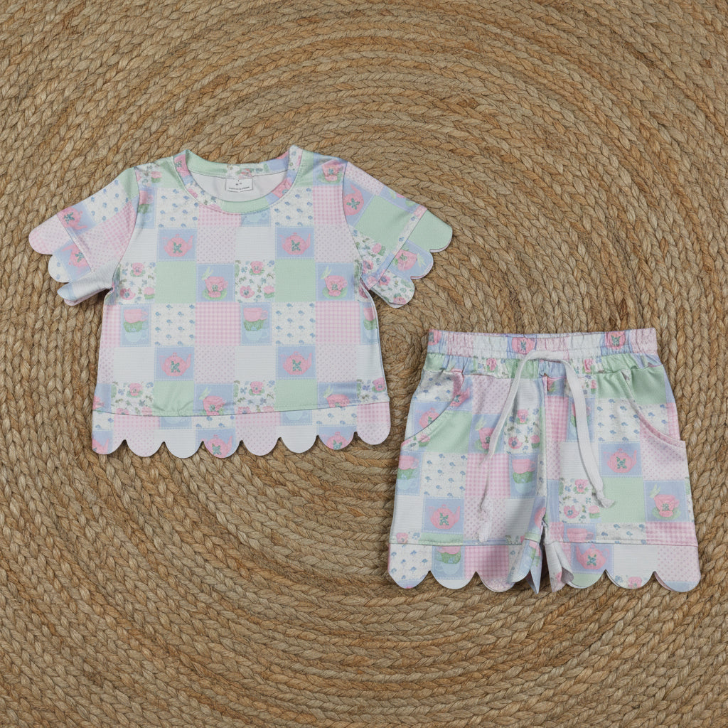 floral patchwork scallop shorts set summer clothing