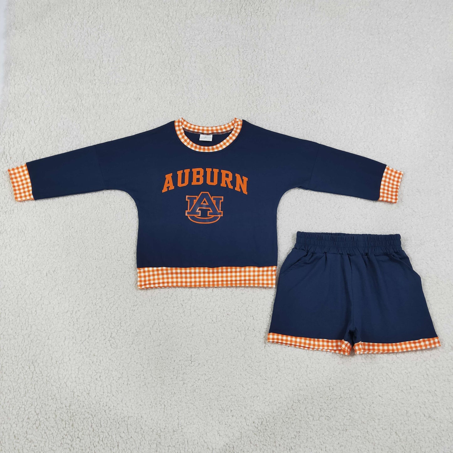 digital print navy orange football team AU long sleeve sweatershirt shorts set