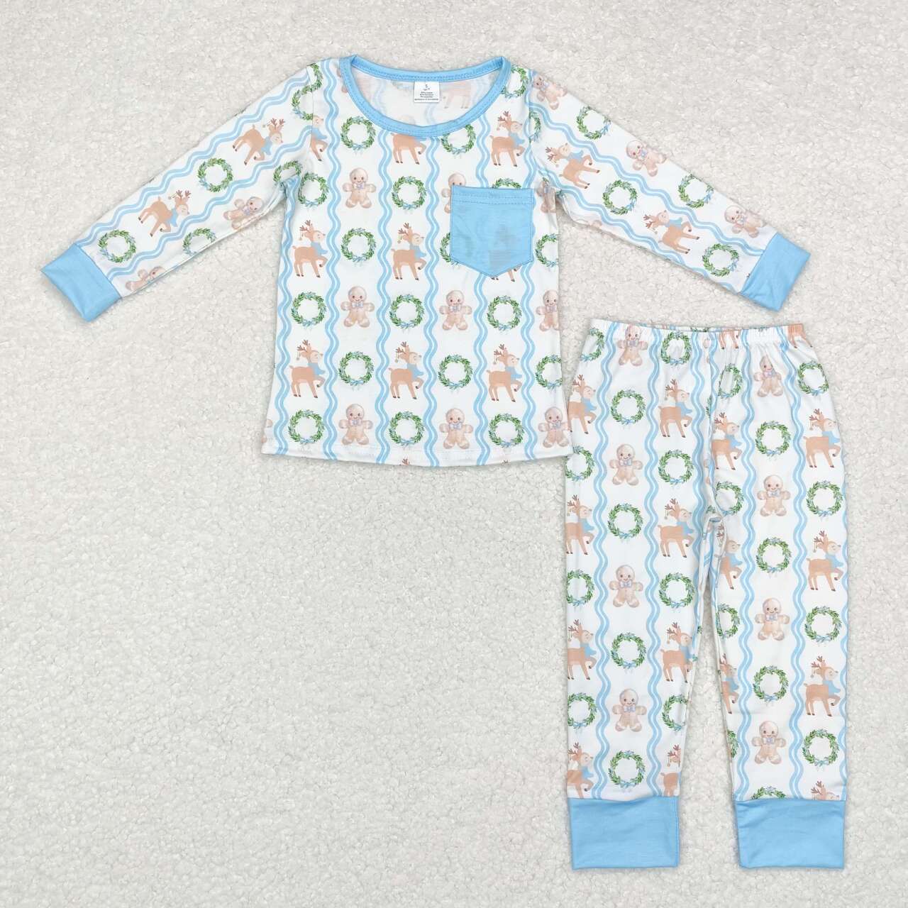 BLP0483 bamboo Gingerbread Man Deer Wreath Blue Pocket Long Sleeve Long Pants Pajama Set
