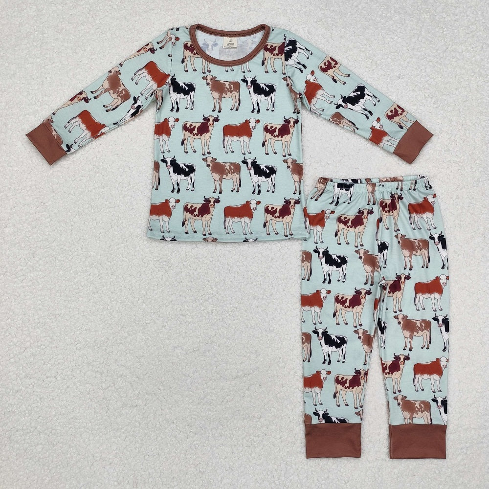 BLP0829 Bamboo Cow Brown Green Long Sleeve Long Pants Pajama Set