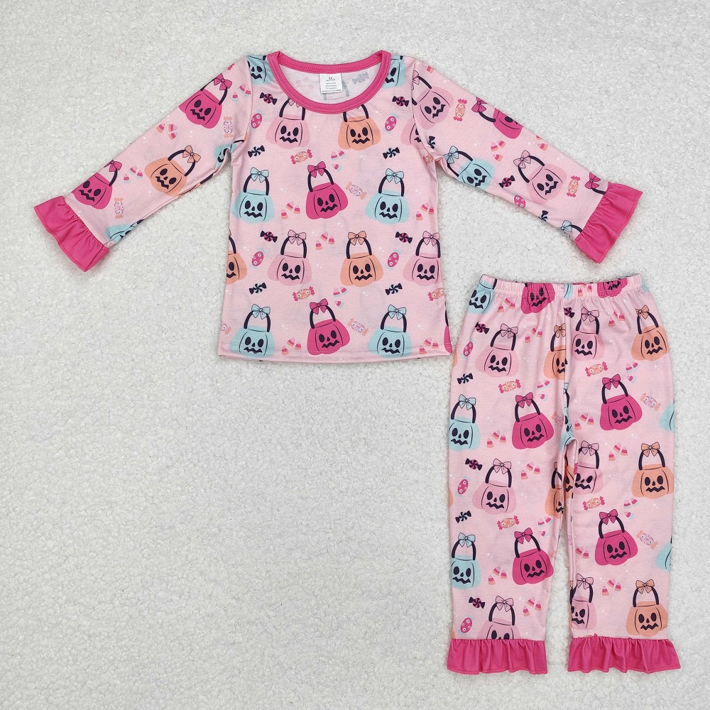 GLP1653 Halloween Pumpkin Candy Rose Red Lace Pink Long Sleeve Long Pants Pajama Set
