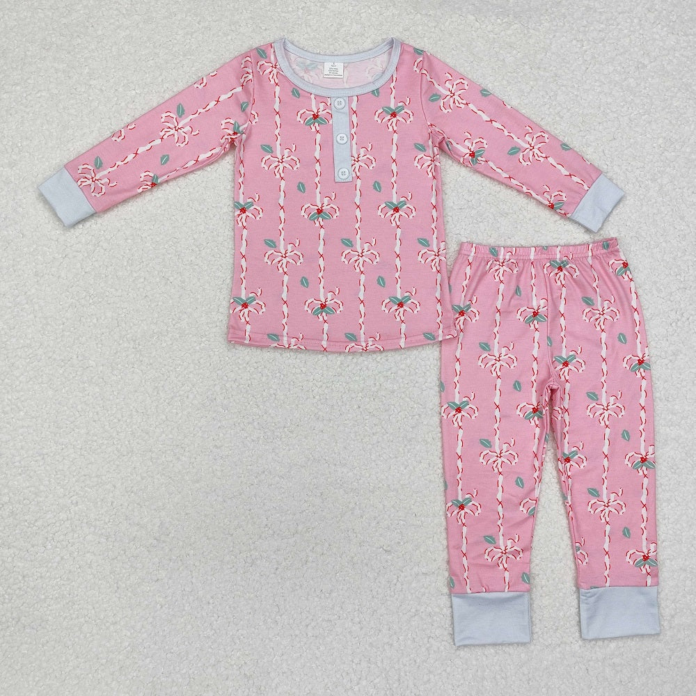 GLP1925 Pink long-sleeved and long-pants pajama set with Christmas leaves and bows