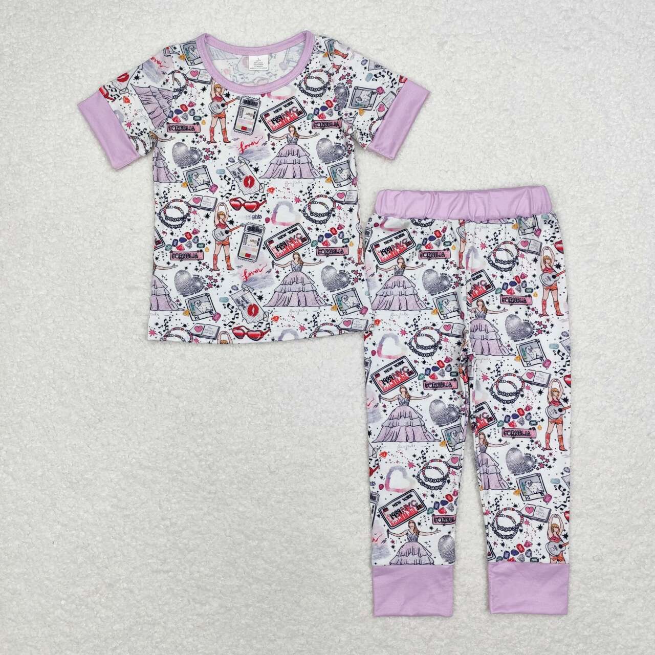 GSPO1656 bamboo Purple and white short-sleeved long pants pajama set