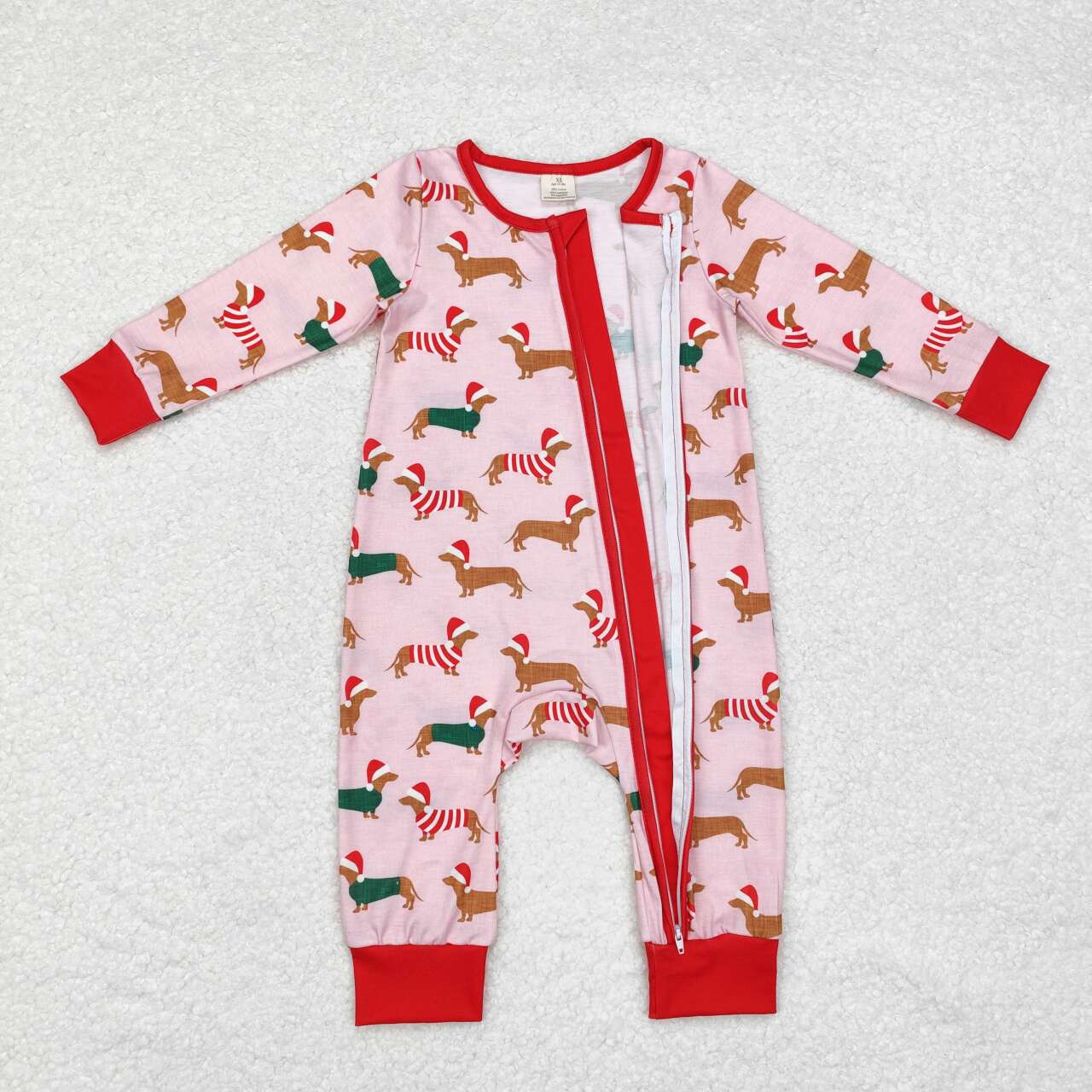 LR1081 Bamboo Christmas Hat Puppy Pink Zip Long Sleeve Onesie Romper