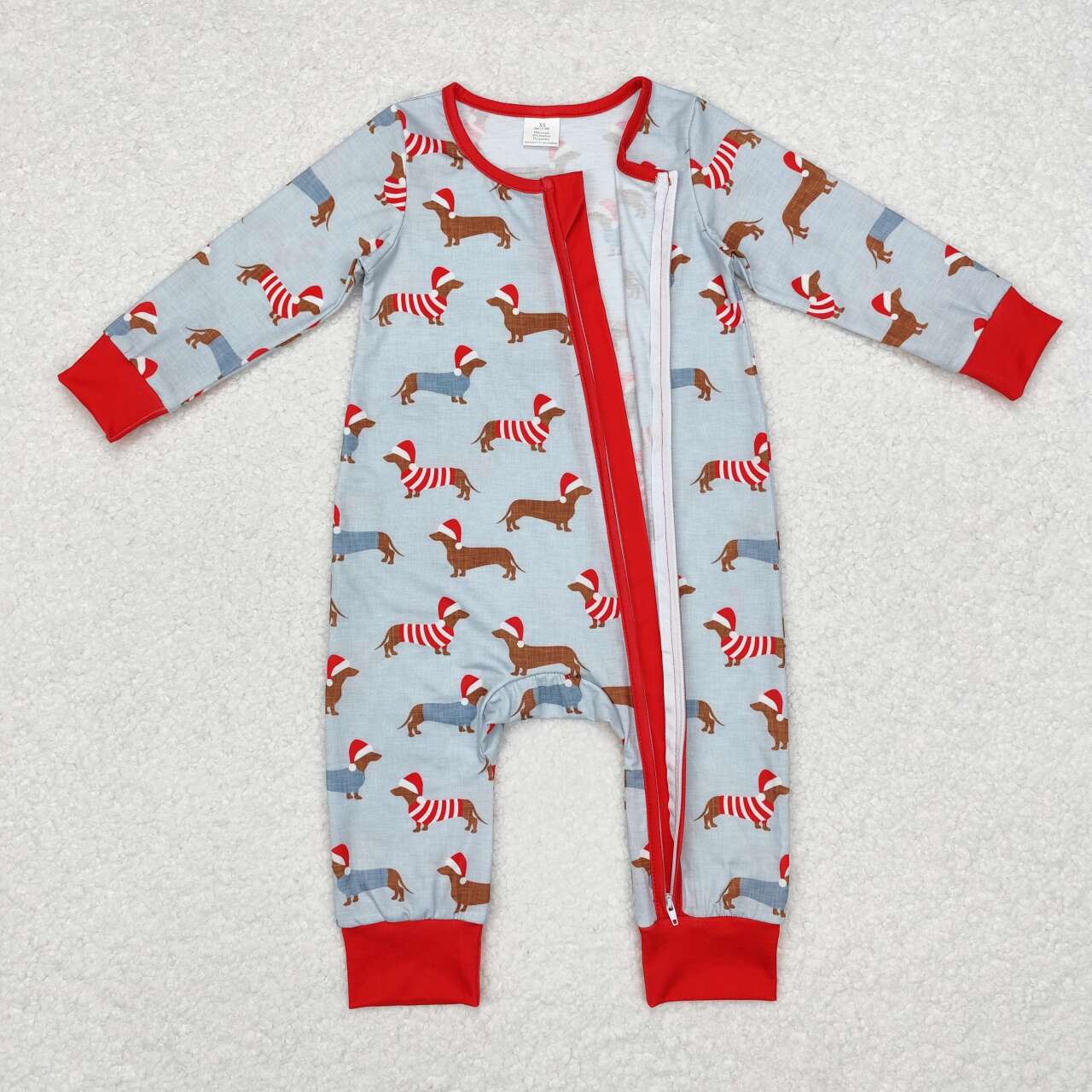 LR1082 Bamboo Christmas Hat Puppy Blue Zip Long Sleeve Onesie Romper