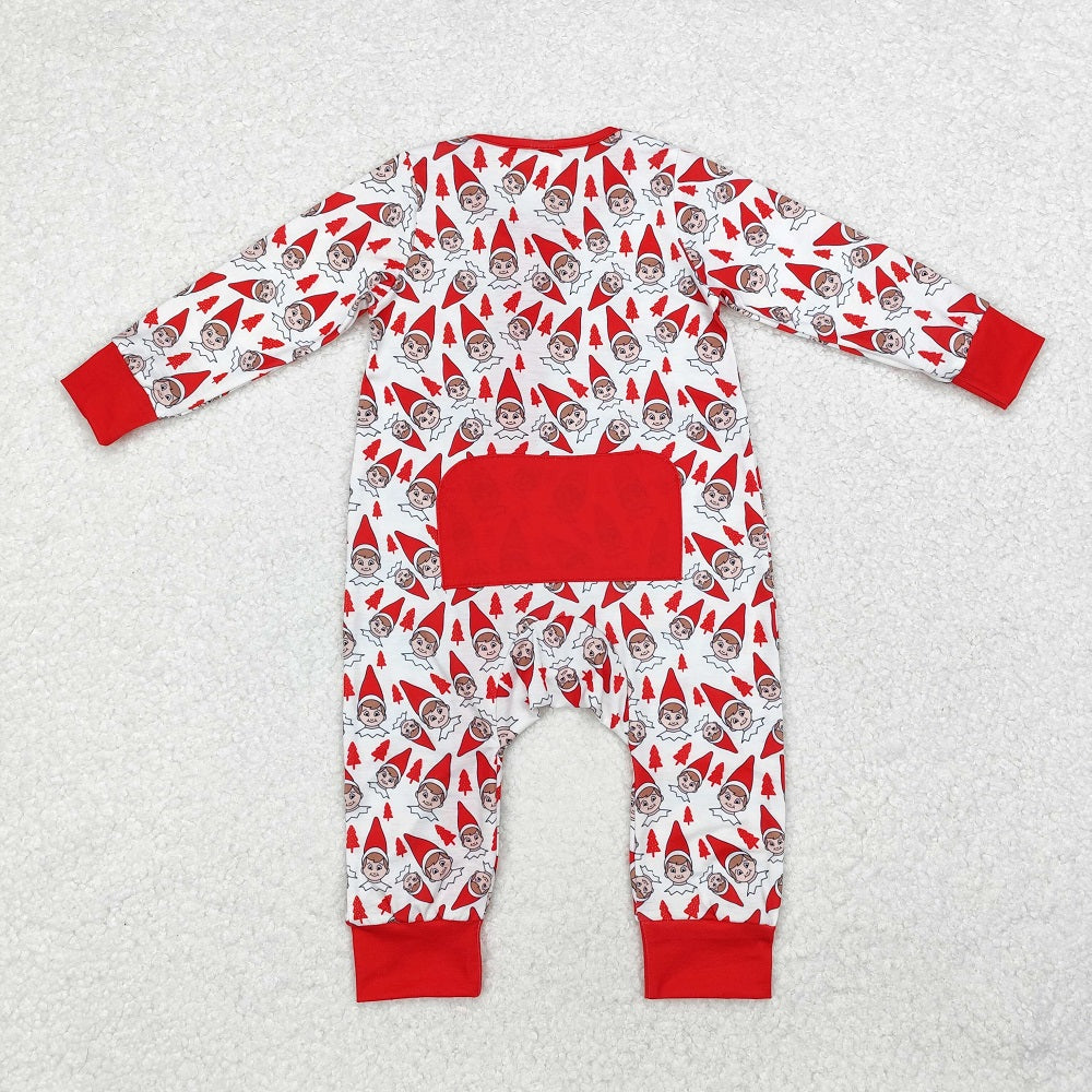 LR1168 Bamboo Christmas Tree Cartoon Elf Red and White Zipper Long Sleeve Bodysuit