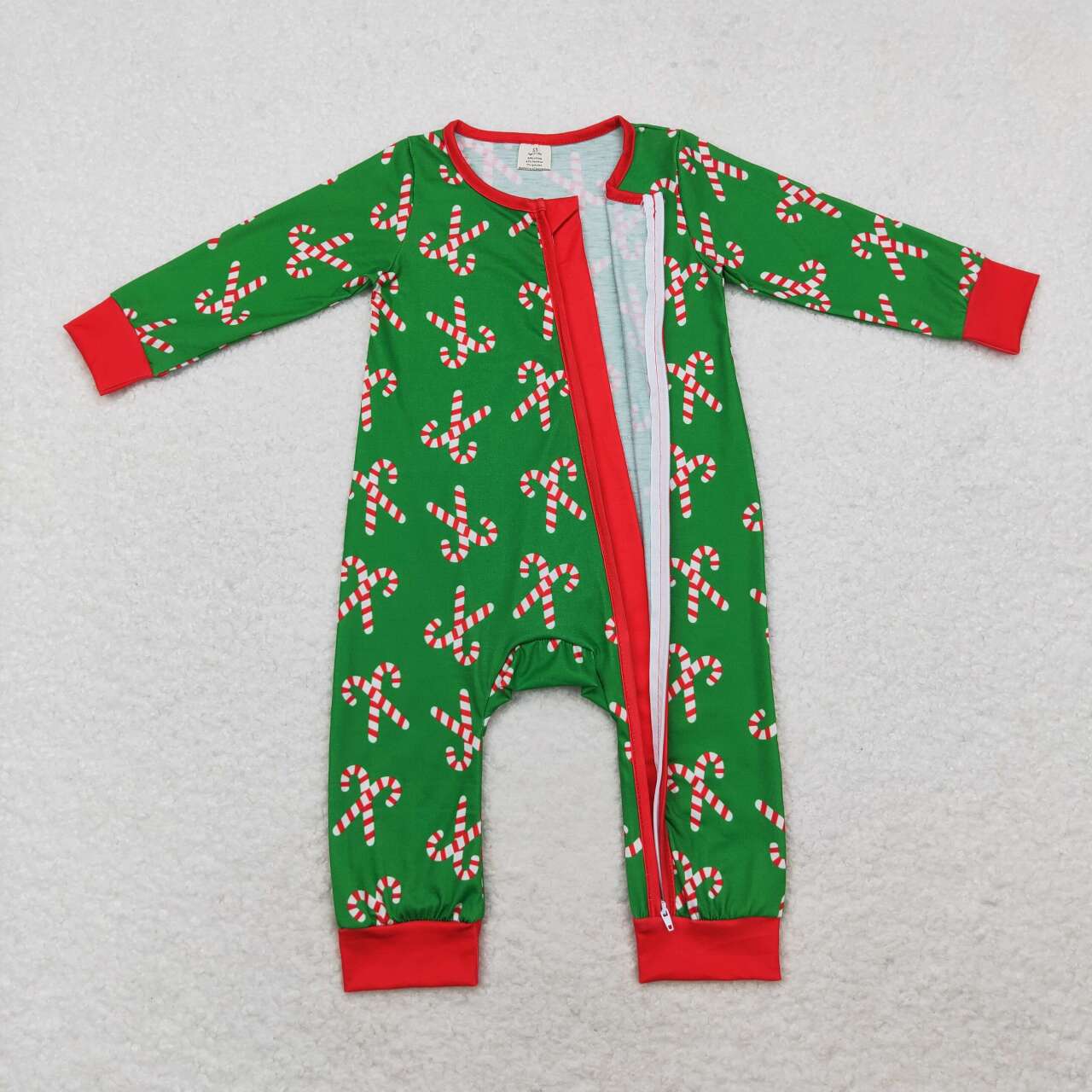LR1237 Bamboo Santa Cane Red Trim Green Zipper Long Sleeve Bodysuit