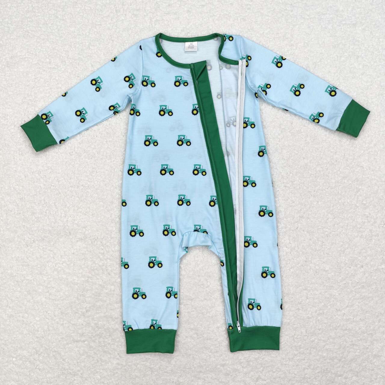 LR1253 bamboo Tractor Teal Zip-Up Long Sleeve Bodysuit