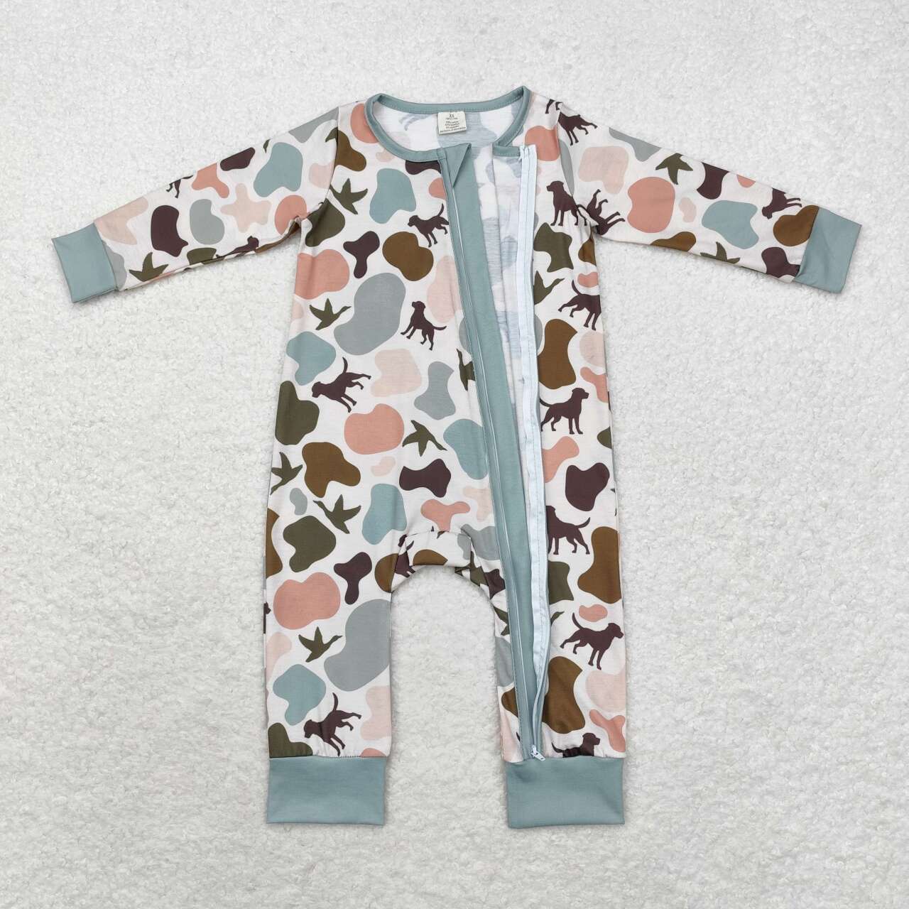 LR1387 Bamboo Puppy Duck Camo Green Zipper Long Sleeve Bodysuit
