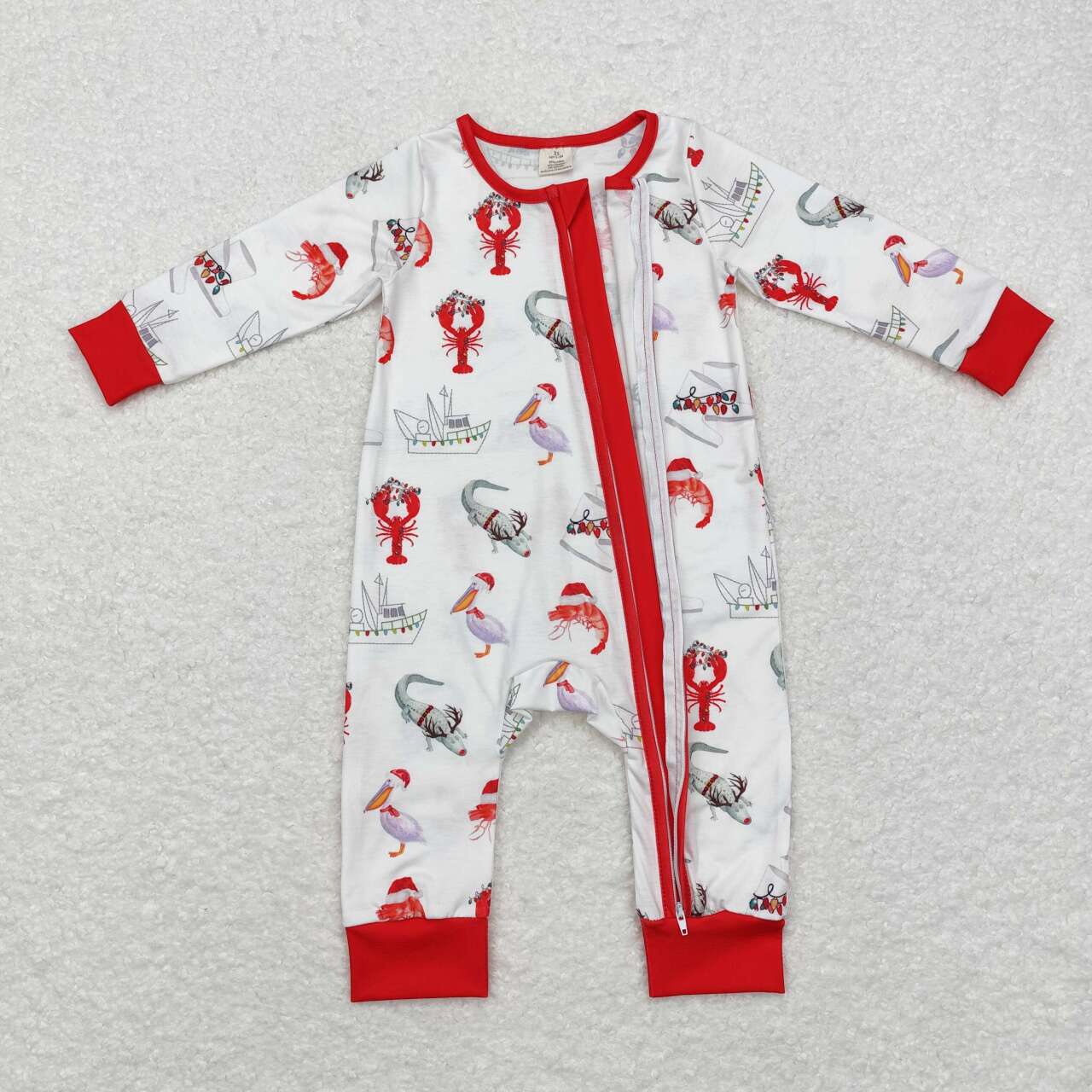 LR1399 Bamboo Ship Crayfish Crocodile Red and White Zipper Long Sleeve Bodysuit