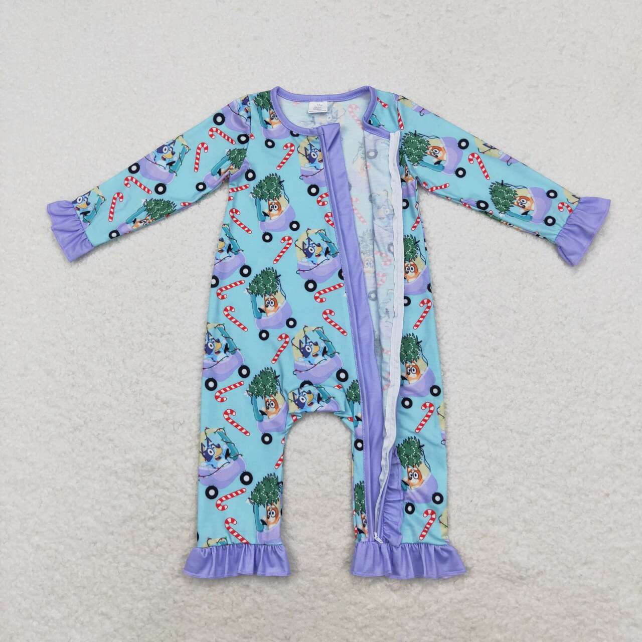 LR1419 Christmas Tree Car Cane Purple Lace Blue Zipper Long Sleeve Bodysuit