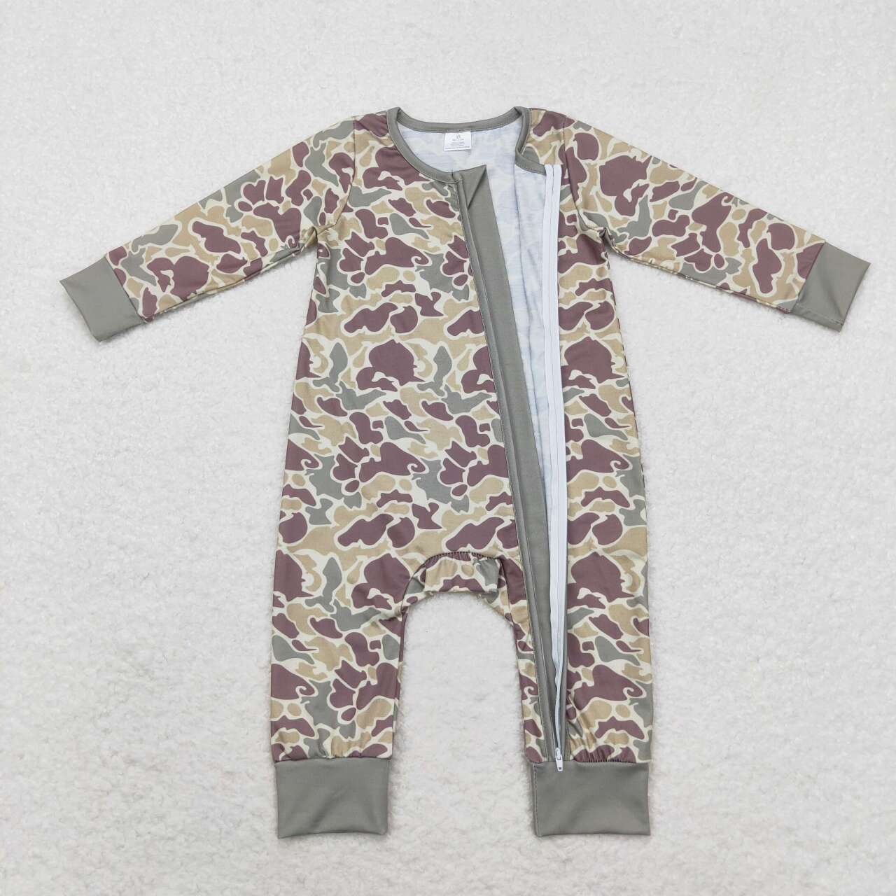 LR1451 Bamboo Brown Green Camouflage Zipper Long Sleeve Bodysuit