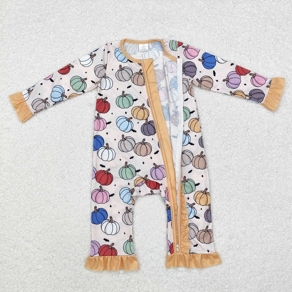 LR1455 Bamboo Colorful Pumpkin Yellow Lace Zipper Long Sleeve Bodysuit