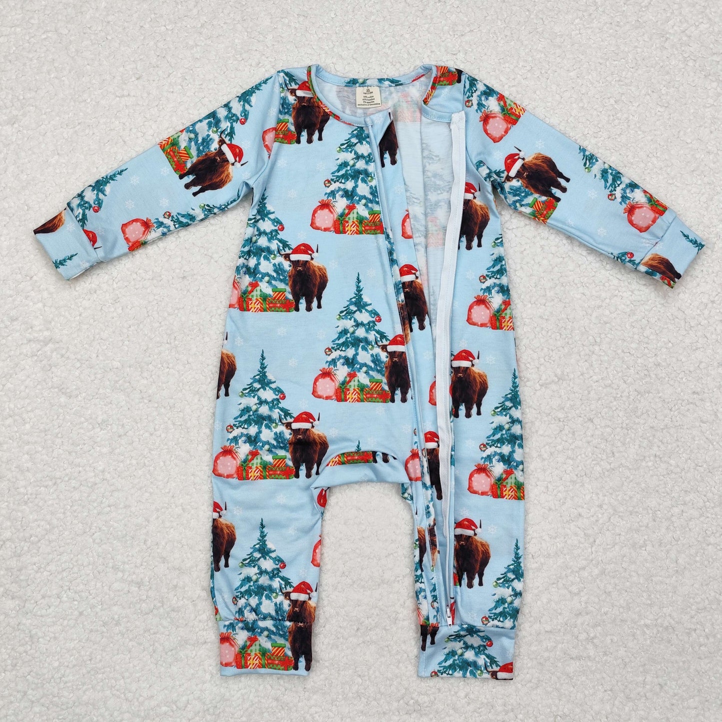 LR1459 Bamboo Alpine Bullhead Christmas Tree Gift Blue Zipper Long Sleeve Bodysuit