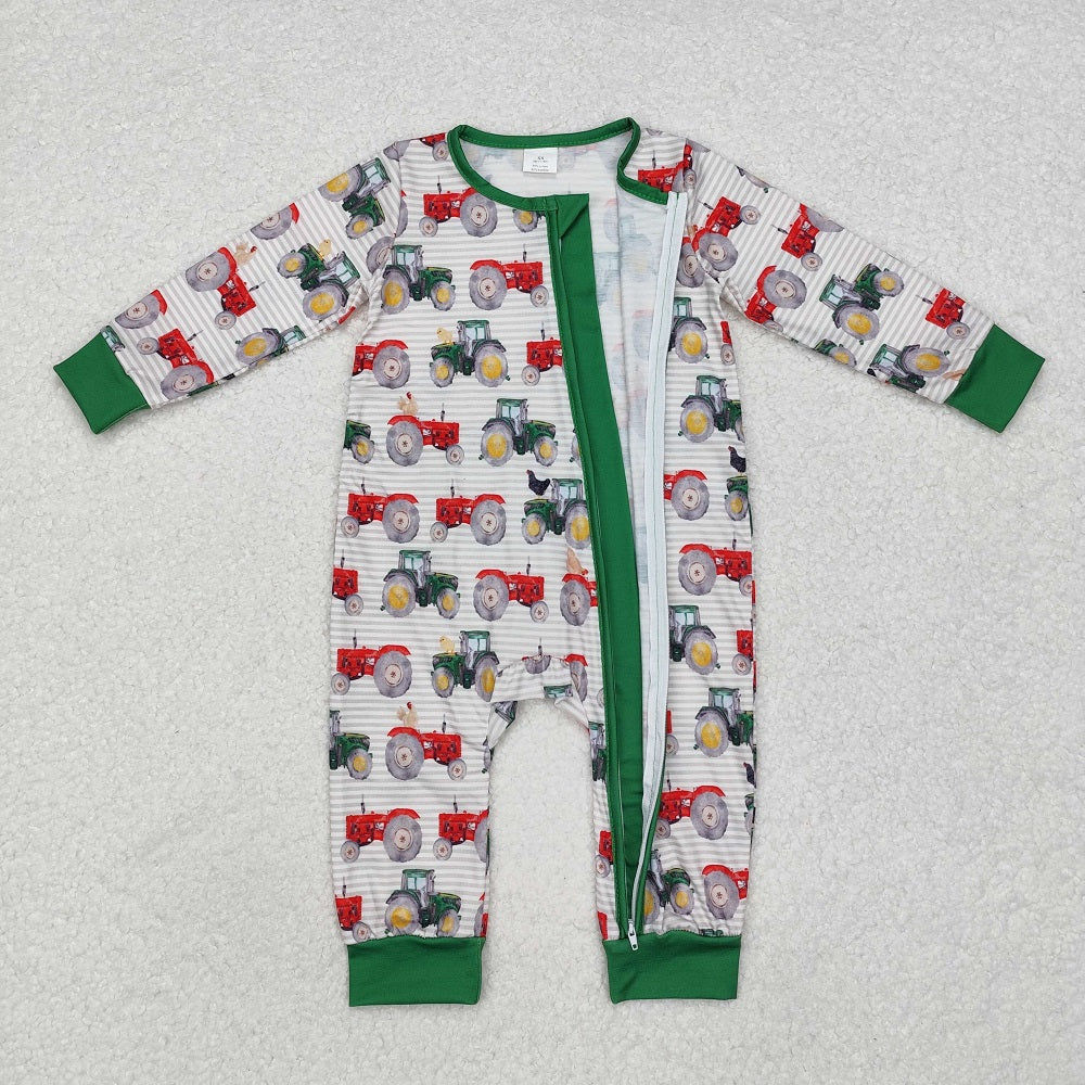 LR1480 Tractor Stripe Green Hemming Zip-Up Long Sleeve Bodysuit