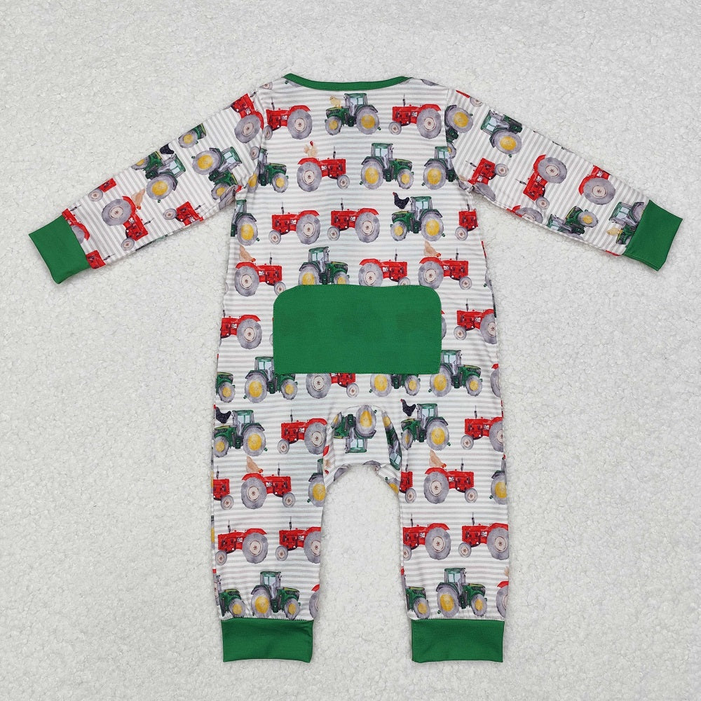 LR1480 Tractor Stripe Green Hemming Zip-Up Long Sleeve Bodysuit