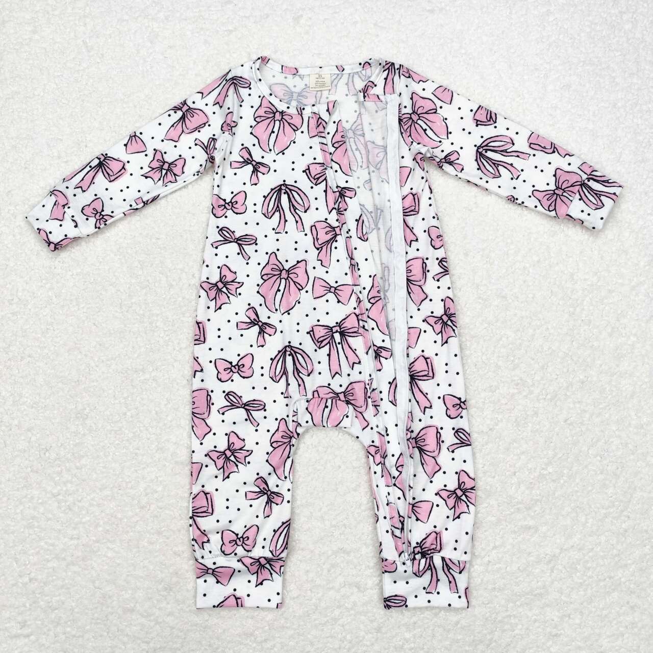 LR1512 bamboo White Zippered Long Sleeve Bodysuit with Bow
