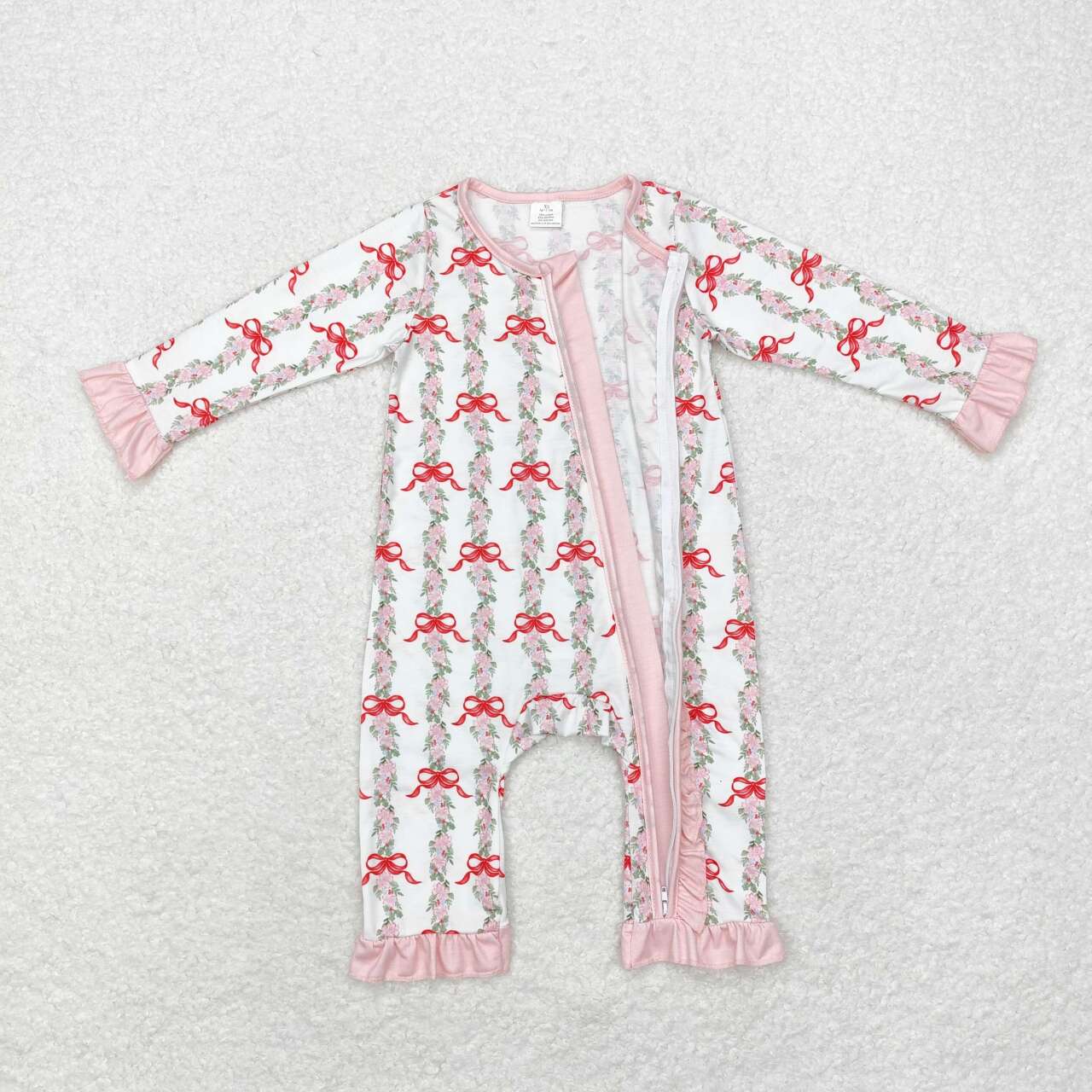 LR1517 Bamboo White zip-up long-sleeved bodysuit with pink lace and flower, leaf and bow pattern
