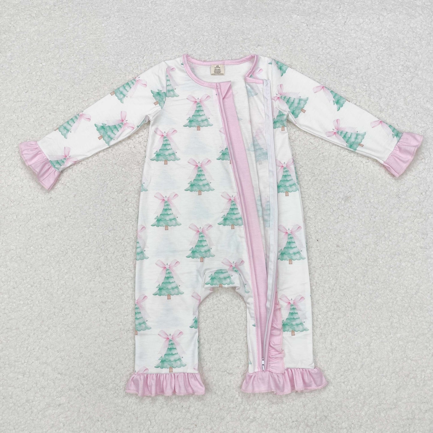 LR1518 White zip-up long-sleeved jumpsuit with pink lace and Christmas tree bow pattern