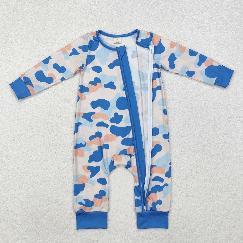 LR1574 Camouflage sky blue zip-up long-sleeved jumpsuit
