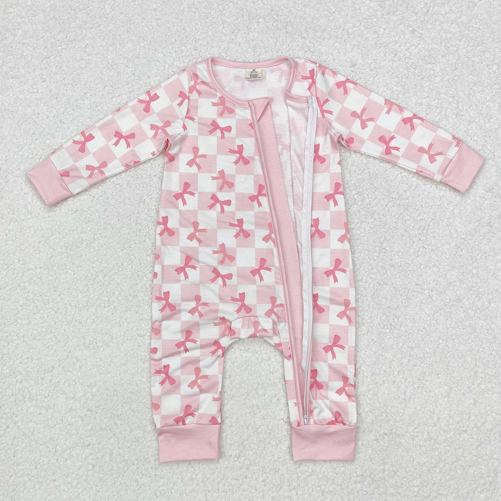 LR1607 Bow Light Pink Plaid Zipper Long Sleeve Bodysuit