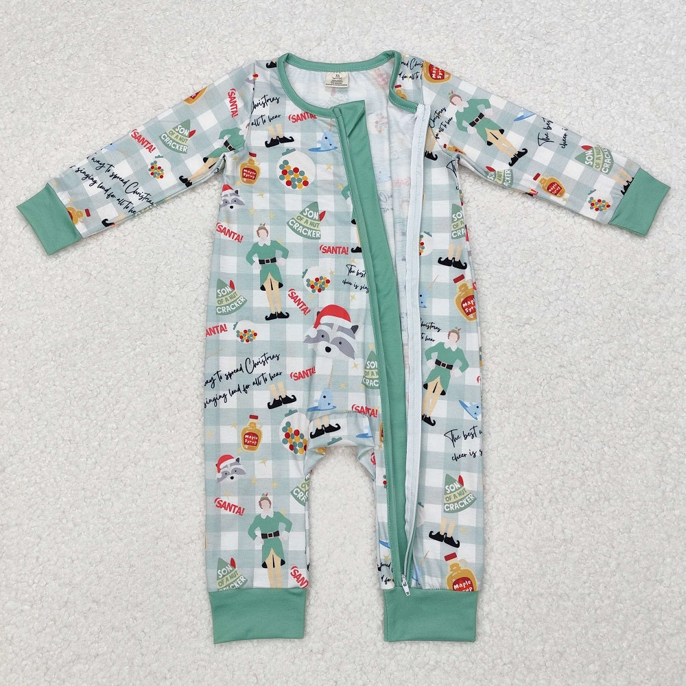 LR1641 Bamboo Christmas Green Plaid Zipper Long Sleeve Bodysuit