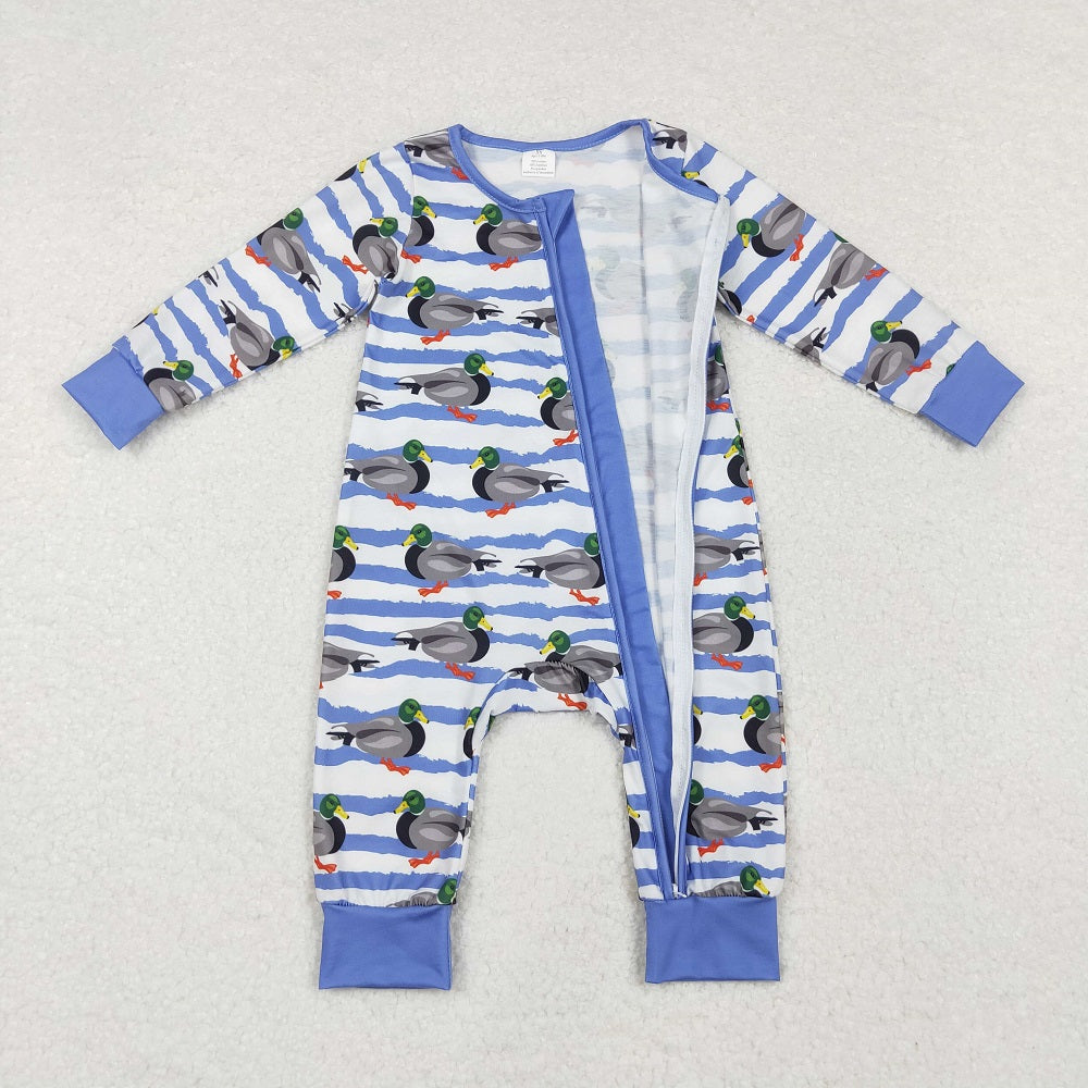 LR1645 Bamboo Duck Blue Stripe Zipper Long Sleeve Bodysuit