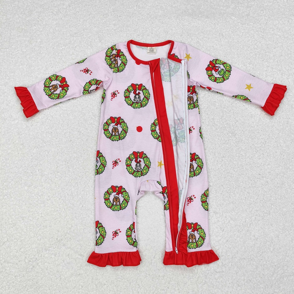 LR1664 Bamboo Christmas Wreath Red Lace Pink Zipper Long Sleeve Bodysuit