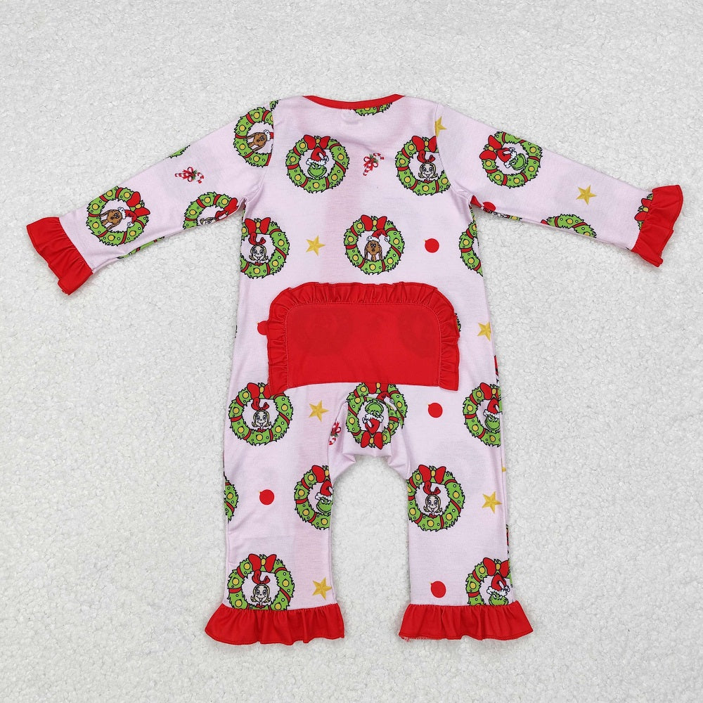 LR1664 Bamboo Christmas Wreath Red Lace Pink Zipper Long Sleeve Bodysuit