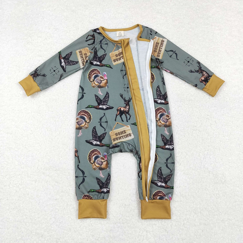 LR1680 Deer Duck Turkey Green Zipper Long Sleeve Bodysuit