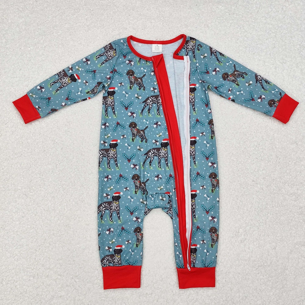 LR1768 Bamboo Christmas Puppy Red and Green Zipper Long Sleeve Onesie
