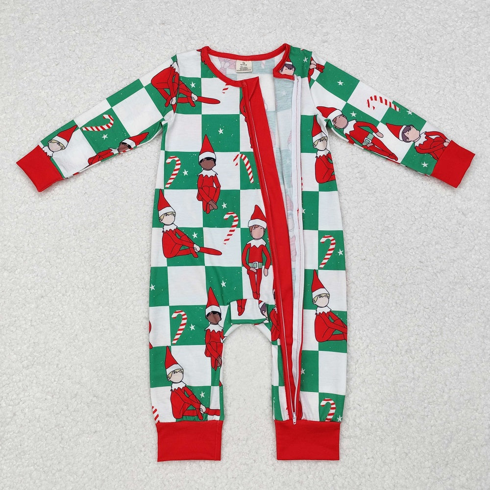 LR1817 Bamboo Christmas Green and White Plaid Zipper Long Sleeve Bodysuit