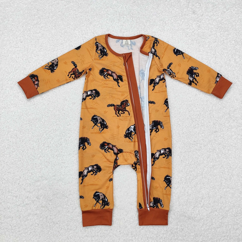 LR1857 Bamboo Horse Yellow Brown Zipper Long Sleeve Bodysuit