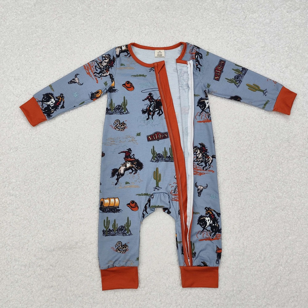 LR1858 Bamboo Horseback Cactus Blue Brown Zipper Long Sleeve Bodysuit