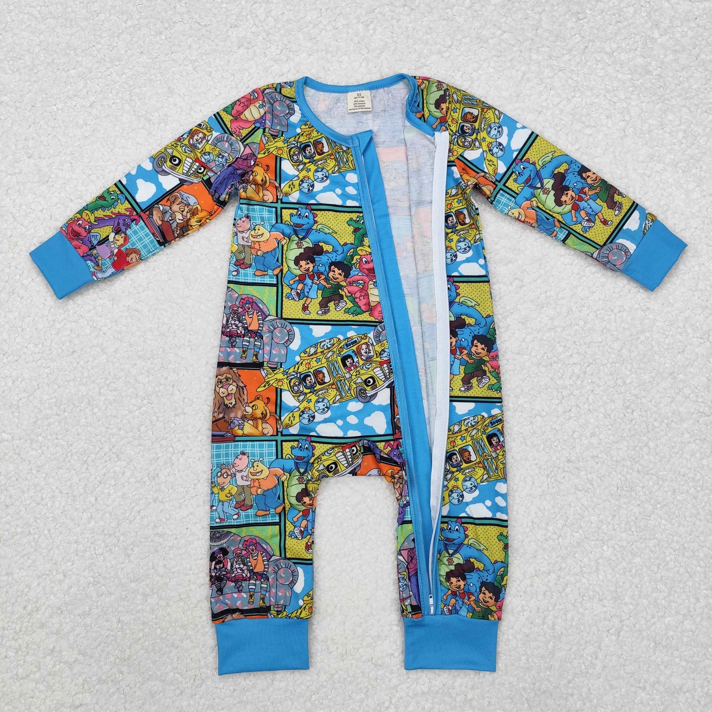 LR2040 Cartoon Lion Dinosaur Blue Zipper Long Sleeve Bodysuit