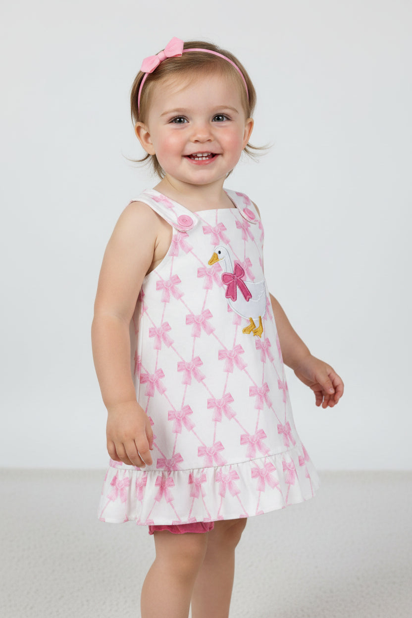 sleeveless pink bow silly goose embroidery bummie set