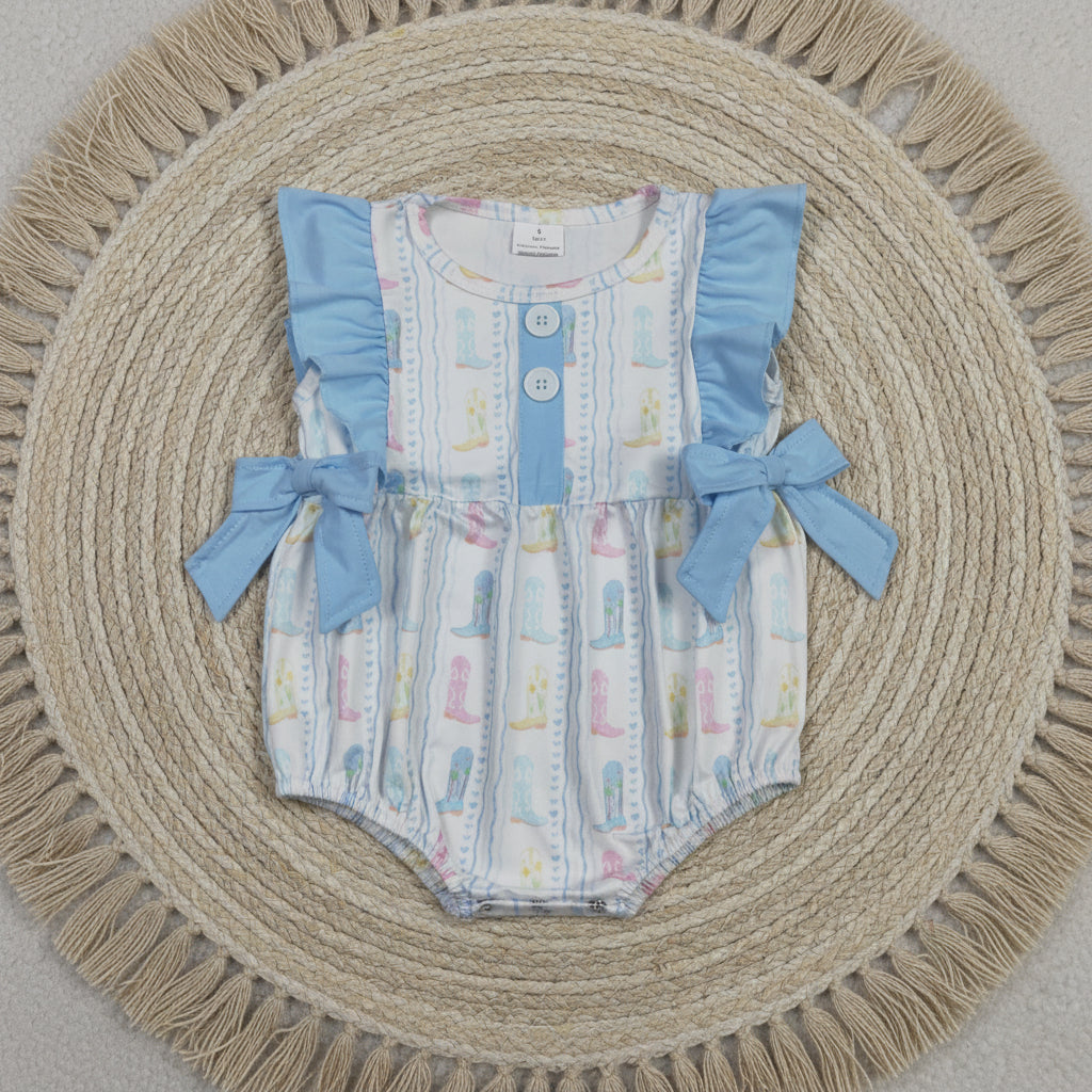 SR4088 blue white cowgirl boots bow bubble romper baby girl clothes
