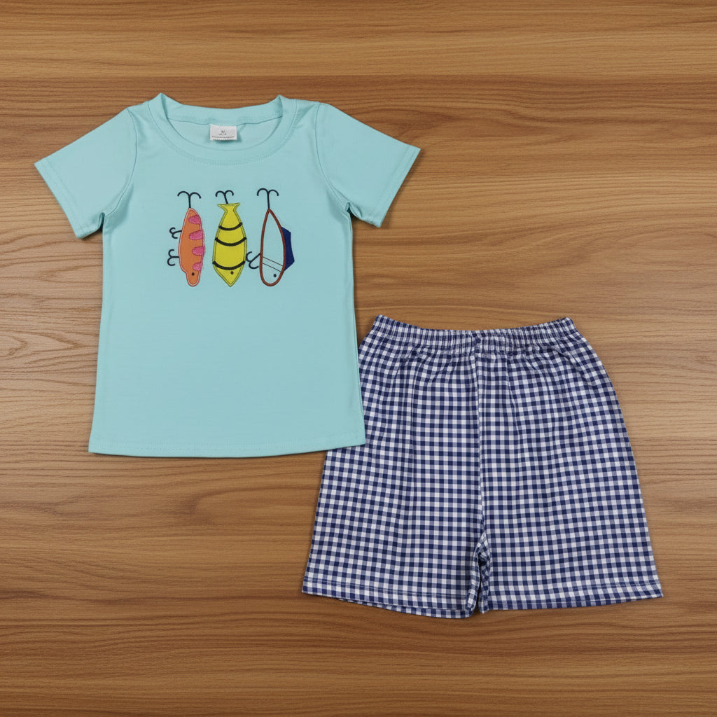 fish hook embroidery boy shorts set