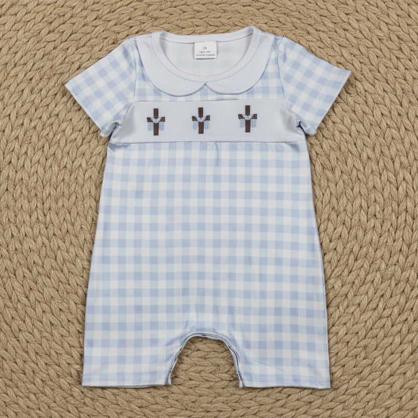 blue gingham easter cross embroidered romper