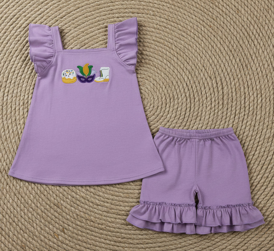 mardi gras cotton purple king cake mask boots embroidery shorts set