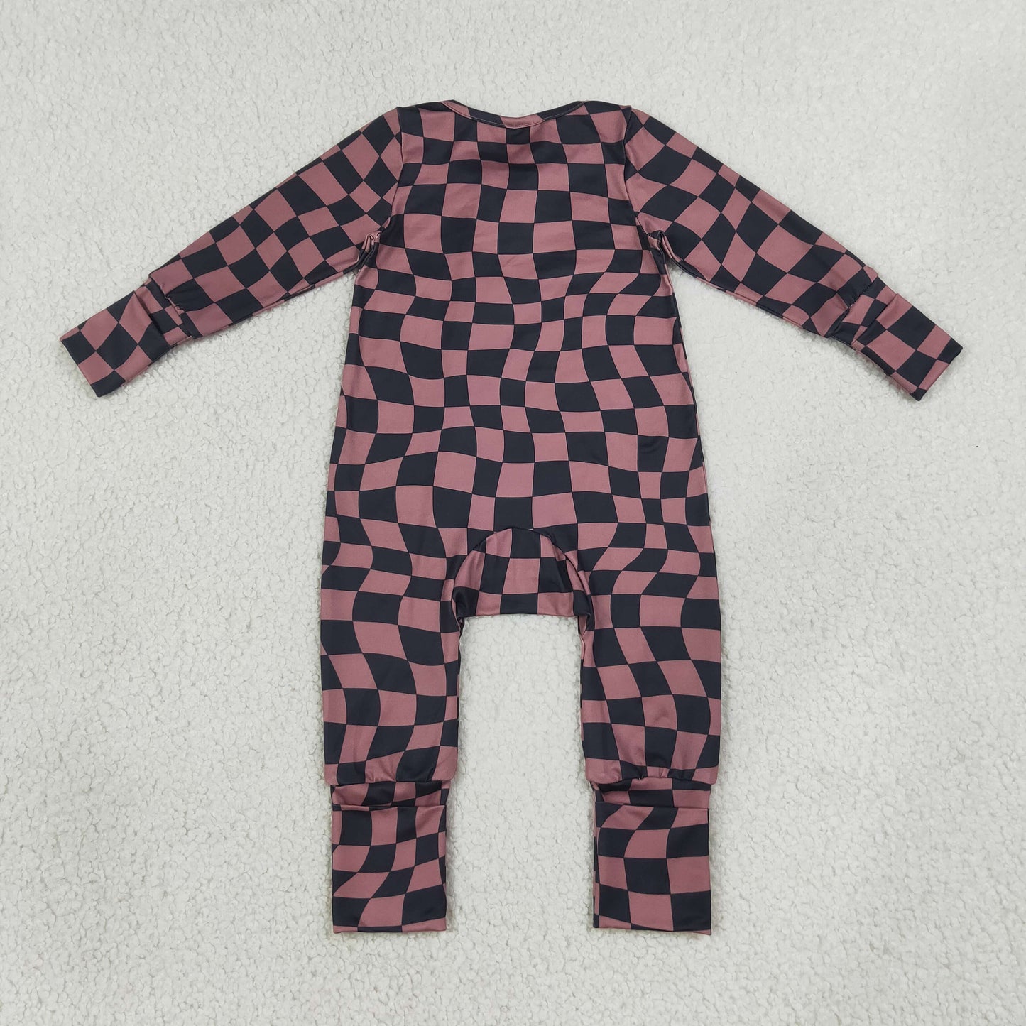 LR3115 long sleeve chocolate wavy checkered zipper sleeper baby clothing