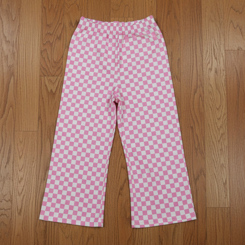 pink checkered straight pants girl trousers