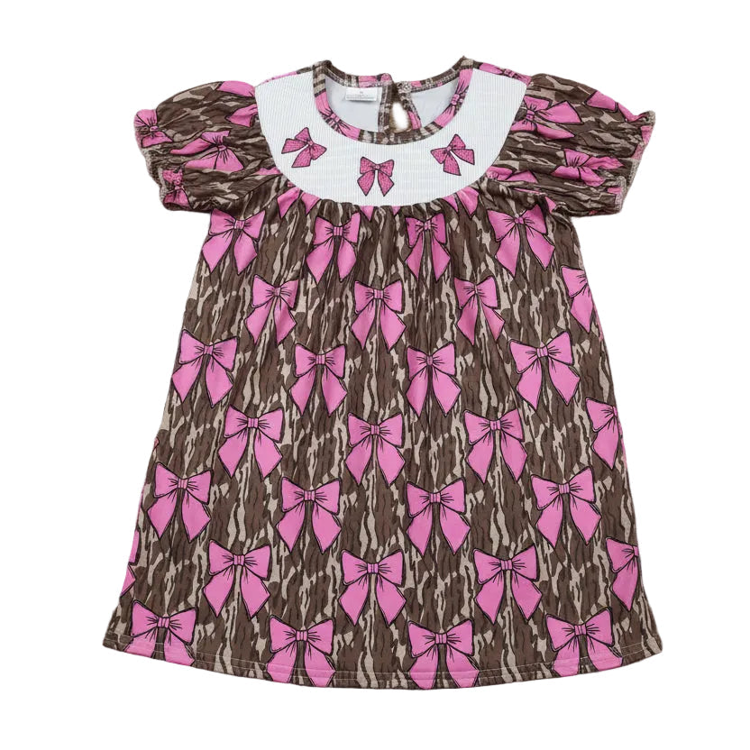 pink bow camo embroidery smocked dress