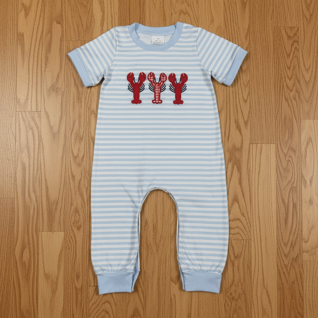 blue stripes crawfish embroidery boy romper