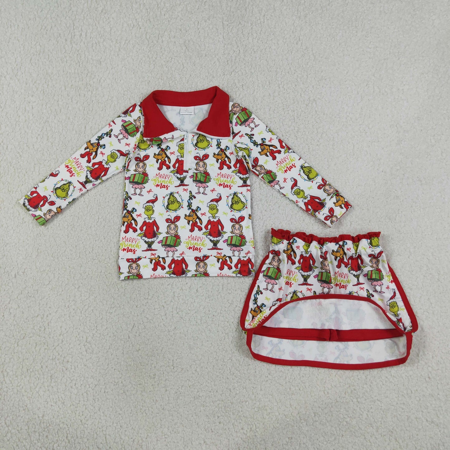 zipper long sleeve grinchmas pullover skorts set