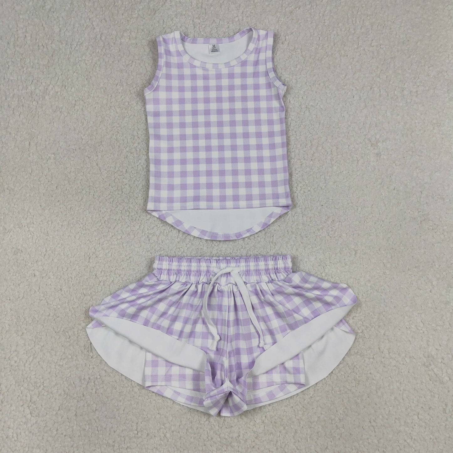 sleeveless light purple gingham athletic butterfly skort outfit girls clothes