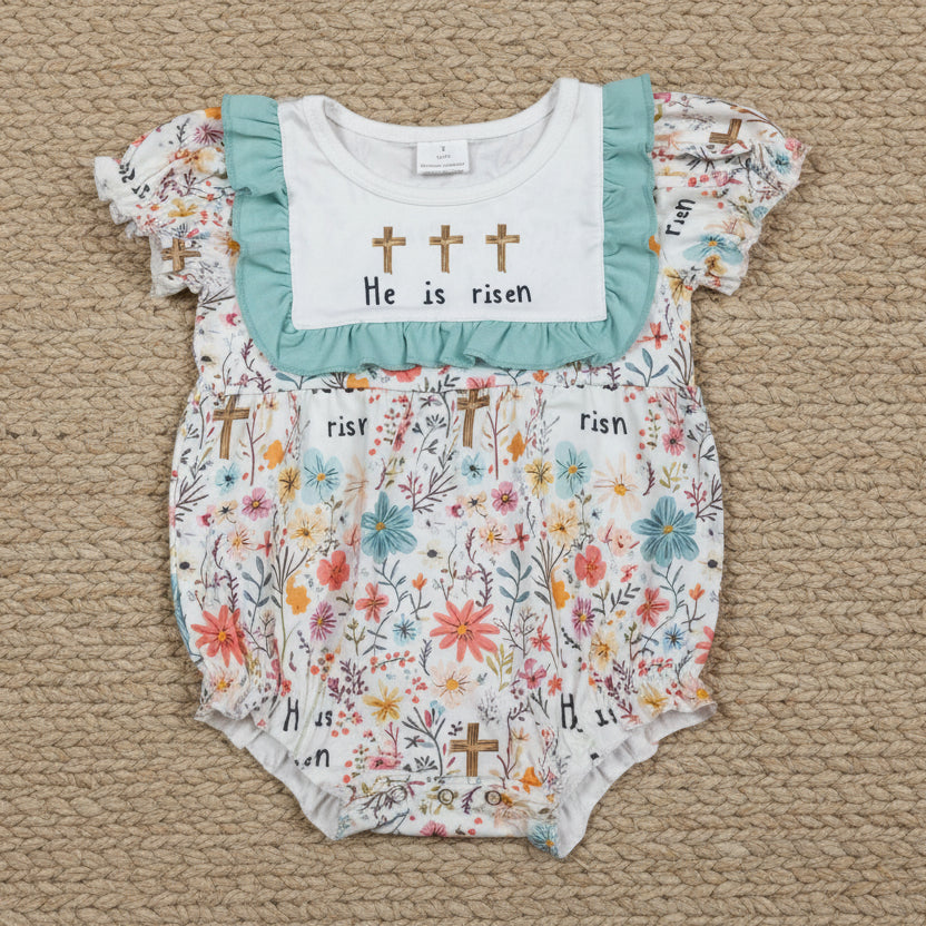 flower he is risen cross print baby girl easter bubble