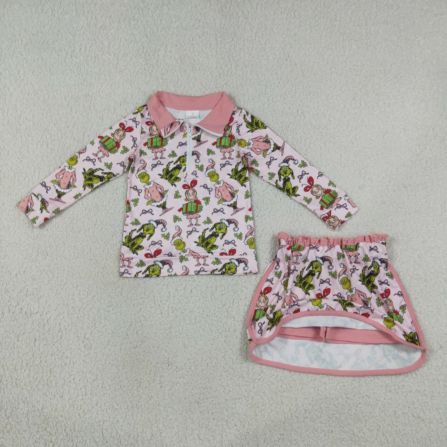 pink zipper long sleeve grinchmas pullover skorts set